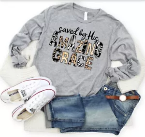 Love in Faith Based SAVED BY HIS AMAZING GRACE shirt long tee Womens Christian L - Picture 1 of 3