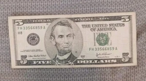 2003A Rare Vintage $5 Five Dollar Federal Reserve Note Fancy FH33566859A - Picture 1 of 2