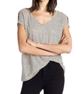 Lucky Brand Linen Stripe Tee Womens Size L Beige Short Cap Sleeves Pullover Knit - Picture 1 of 9