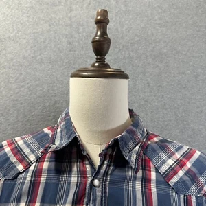 Old Navy Mens Short Sleeve Plaid Blue Red Pearl Snap Button Up Down Shirt Sz 2XL - Picture 1 of 10