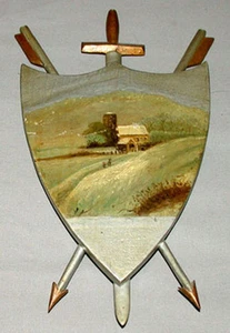 Victorian Folk Art Hand Painted Winter Farm Scene On Wood With Arrows & Sword - Picture 1 of 1