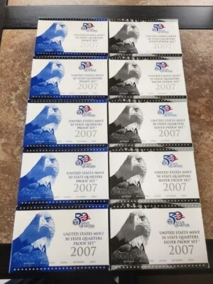 TEN 2007 US Mint 50 State Quarters Silver & Regular Proof Sets all boxed w/COA - Image 1 of 4