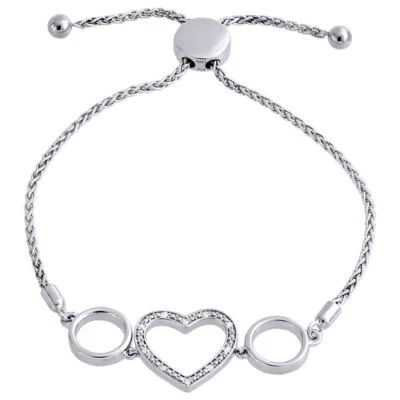 Genuine 1/20 CT. Diamond Heart Bolo Bracelet in Sterling Silver Wheat Chain 8" - Image 1 of 4