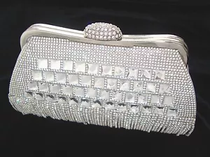 Silver Chains Diamante Crystal Stone Evening bag Clutch Purse Party Prom Wedding - Picture 1 of 4