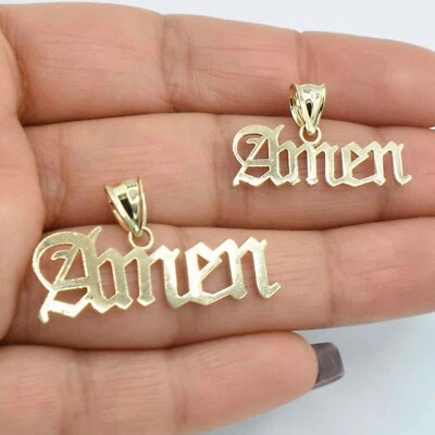 Ancien Anglais Écriture " Amen " Pendentif Véritable Solide 10K or Jaune All - Photo 1/4