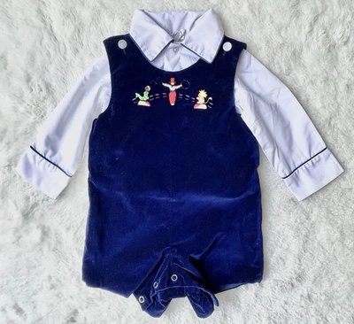Vintage Baby Boy 12m Corduroy Romper Shortalls Collared Shirt Circus Embroidery - Image 1 of 4