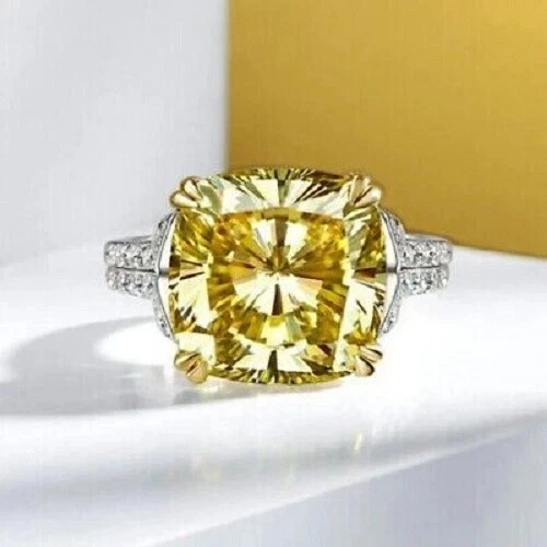 8.56Ct Cushion Natural Yellow Sapphire Diamond Wedding Ring 14K White Gold 6 7 8 - Image 1 of 4