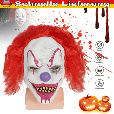 Killer Clown Maske mit Rot Haar Kostüm Zubehör für Halloween Karneval Party - Bild 1 von 4
