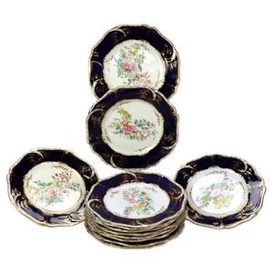12 platos antiguos ingleses de porcelana azul cobalto y dorado C1900 - Imagen 1 de 7