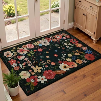 2x3 Black Floral Rug, Washable, Non Slip, Low Pile, Soft Mat, Indoor Doormat - Image 1 of 4