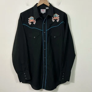 Vintage Ely Diamond Western Azteken bestickt Perlen Druckknopf schwarz Hemd Herren XL - Bild 1 von 12