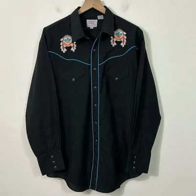 Vintage Ely Diamond Western Aztec Embroidered Pearl Snap Black Shirt Mens XL - Image 1 of 4