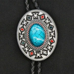 Original Western Cowboy Inlay Turquoise Totem Bolo Tie Clip 40 Inch Leather Rope - Picture 1 of 5