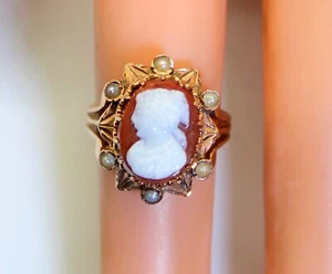 Hermoso anillo de perlas y cameo antiguo adornado en oro 18K para damas, talla 4,25 - Imagen 1 de 7