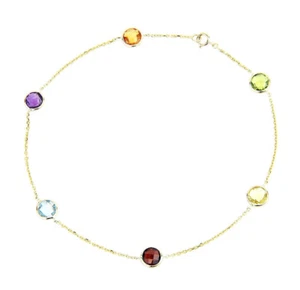 14K Yellow Gold Anklet Bracelet With Colorful Faceted Round Gemstones 9 Inches - Picture 1 of 3