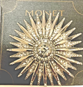 RARE Vintage Large Brooch Pin by MONET - Silver Starburst Sun Shiny Rhinestones - Picture 1 of 3