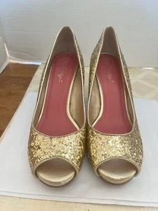 Lilly Pulitzer/oro glitter/punta aperta/tacchi con zeppa metallica/taglia 7 - Foto 1 di 9