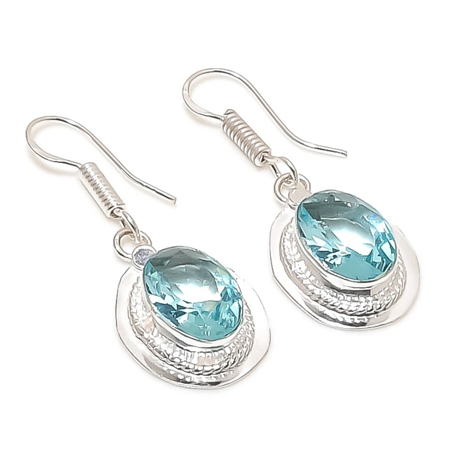 Aquamarine Gemstone 925 Starling Silver Handmade Jewelry Earring Size 1.30" - Image 1 of 1