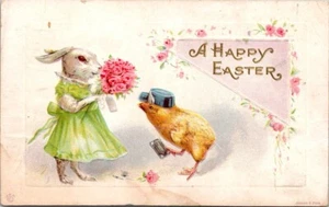 Ostern anthropomorph gekleidetes Kaninchen Bote Küken Rosen 1915 Postkarte JP6 - Bild 1 von 2