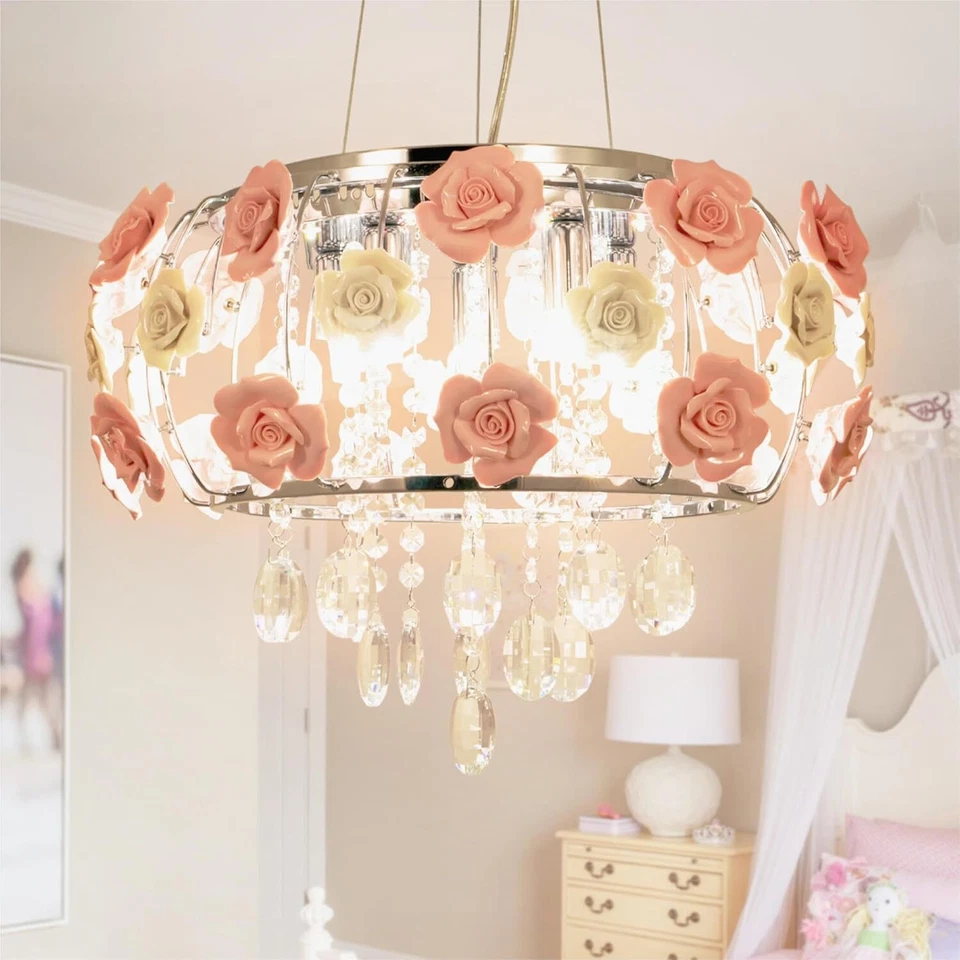 Romantic Crystal Chandelier Ceramic Rose Flower Pendant Lamp 5-Lights Fixtures - Image 1 of 4
