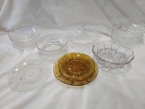 11 Glass Bowls Amber Clear Depression Glass Shell Design Plates Saucers Vintage - Picture 1 of 13