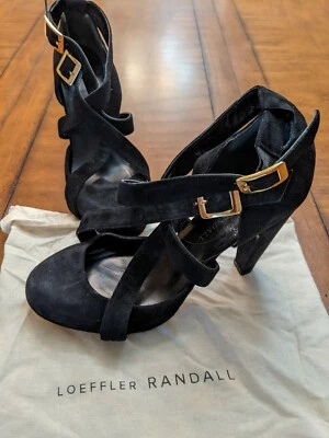 Sandalias Loeffler Randall plataforma gamuza negra 4" tacón con tiras talla 8 Foto 1 de 4