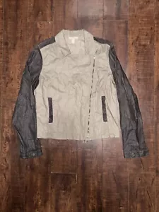 Eileen Fisher Coated Organic Linen Stone Colorblock Asymmetric Zip Moto Jacket - Picture 1 of 5