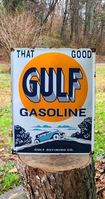 Letrero de porcelana Good Gulf Gasoline motor oil vintage bomba de gas Foto 1 de 4