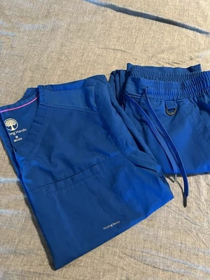 Scrub Set Mens Medium Healing Hands Blue Medical Uniform - Image 1 of 4