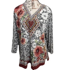 Alfred Dunner Lake Tahoe Floral Black White Boho Tunic Top Size M 3/4 Sleeve - Picture 1 of 10