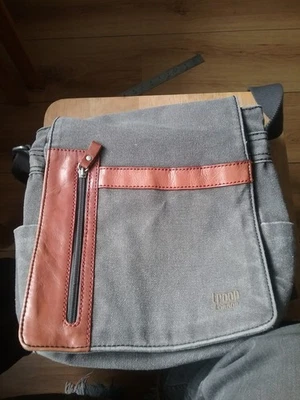 Troop London  grey canvas shoulder bag with leather trim. 9.5 by 10.5 inch - Image 1 of 4