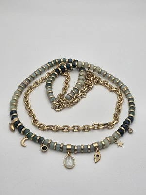Collar Ann Taylor LOFT Doble Hilo Cuentas de Vidrio Verde Tono Dorado Dijes  Foto 1 de 4