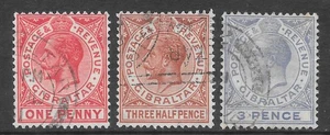GIBRALTAR 1921/24. Sc #77, 78a, 81; SG #90, 91, 95. King George V. (Script) Used - Picture 1 of 2