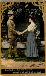 Cartolina militare d'epoca WW1 soldato in partenza amore romanticismo oro dorato 1910 - Foto 1 di 3