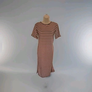 Summer Midi Short Sleeved T-shirt Dress-Muted Pink/dusty Rose With Black Stripes - Picture 1 of 4