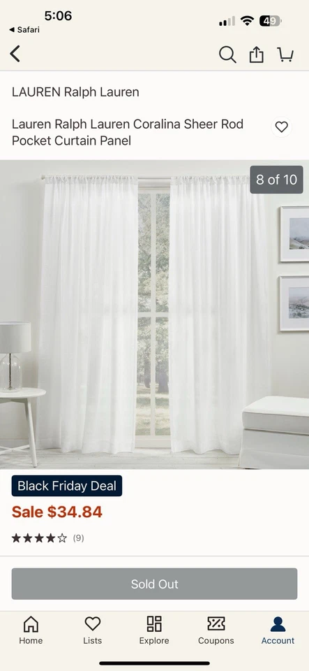 Ralph Lauren Coralina cortinas transparentes 5 paneles NUEVO en paquete AGOTADO 50”x84” -$75 Foto 1 de 4