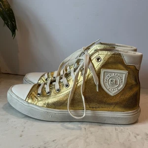 Zapatillas altas Bedford de piel de becerro envejecida con logotipo aplicado 6,5 dorado crema blanco - Imagen 1 de 14