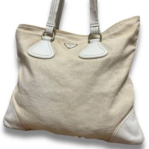 PRADA Leather Canvas Shoulder Bag Tote Bag Auth Beige White Medium Women Italy - Picture 1 of 9