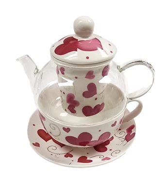 PORCELANA GRACE, CRISTAL BLANCO, ROSA CORAZONES TETERA, TAZA DE TÉ OLLA PARA UNO + INFUSOR Foto 1 de 4