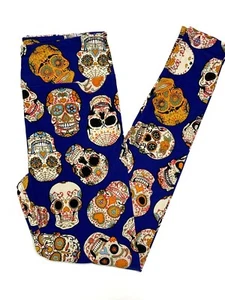 Girls S/M LuLaRoe ~ SUGAR SKULLS PATTERN on Blue ~ Leggings KIDS SIZES 2-8 - Picture 1 of 3