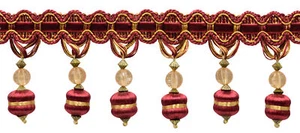 Beaded Tassel Fringe Trim, Color# 1253 - Burgundy Gold Red [Sold By The Yard] - Picture 1 of 1
