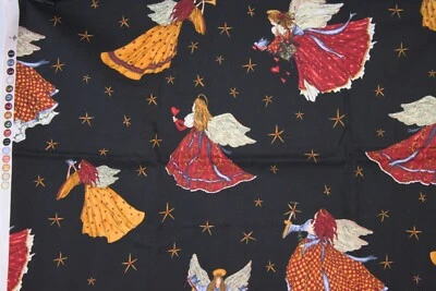 Cat Williams Fabric Angels From Above 30"" x 44" Black Fairy Folk Holiday Cotton - Image 1 of 4