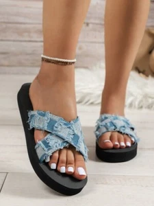 Summer Denim Plaid Women Slip On Slippers Comfort Round Toe Casual Flats Shoes - Picture 1 of 6