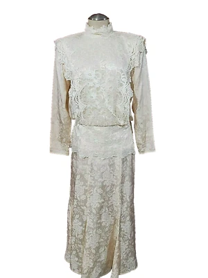 Vtg Jessica McClintock Ivory Silk w/ Lace Trim Floral Long Dress  10 - Image 1 of 4
