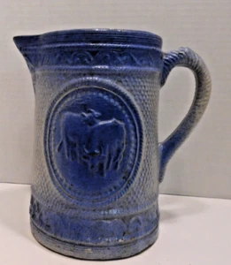 Vintage Blue & White Stoneware Cow Pitcher 8.0” Tall - Picture 1 of 11
