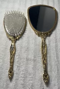 Spazzola per capelli vittoriana Art Nouveau placcata oro 10k e argento floreale specchio vanità - Foto 1 di 17