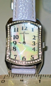 Anne Klein ladies watch purple leather bnd diamond accent around rectangle bezel - Picture 1 of 12