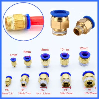 Pneumatic Brass Push In Fittings Straight Male Stud Hose Tube Inline Connectors - Image 1 of 4