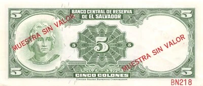 El Salvador  5  Colones  4.2.1969  Series MP  Specimen Uncirculated Banknote Z1 - Image 1 of 2
