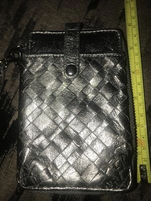 Elliott Lucca Womens Smartphone Wristlet Silver Basket Weave Leather - Image 1 of 4